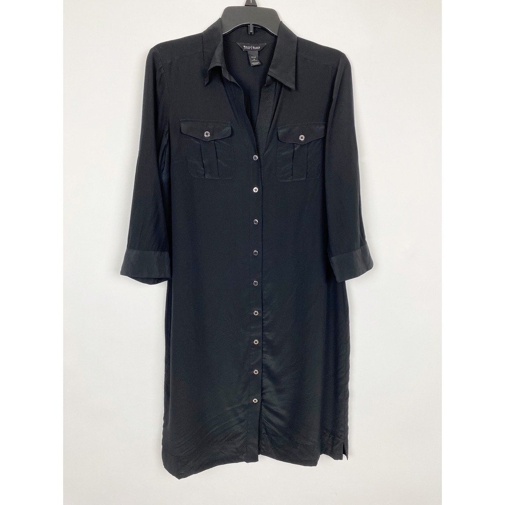 White House Black Market Silk Roll Tab Utility Shirt Dress Womens 6 Black